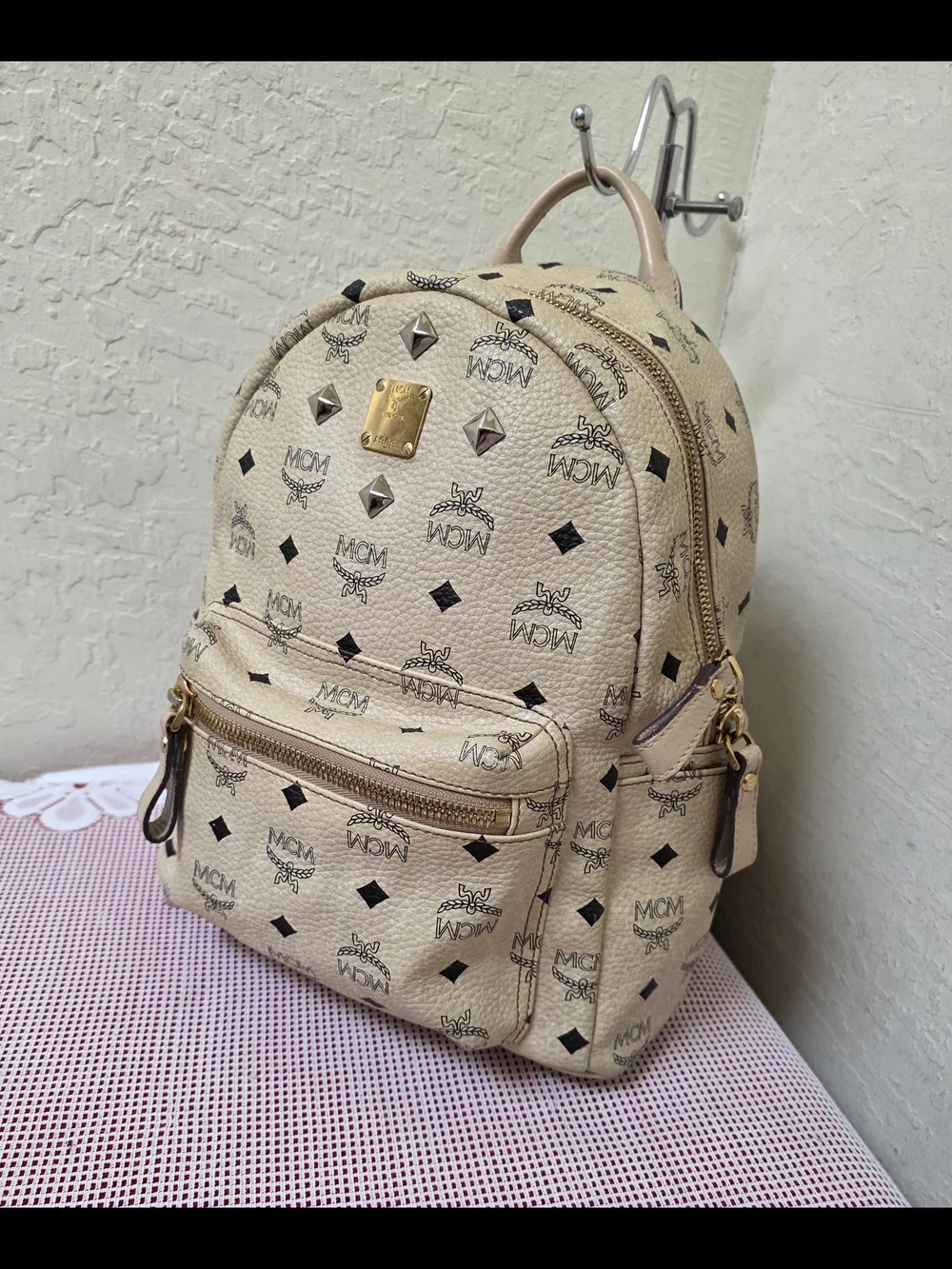 MCM Cream Monogram Medium Backpack AUTHENTIC